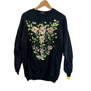 Vtg 90s Black Hand-Painted Floral Sweatshirt Gold Shimmer Grandma Core M USA